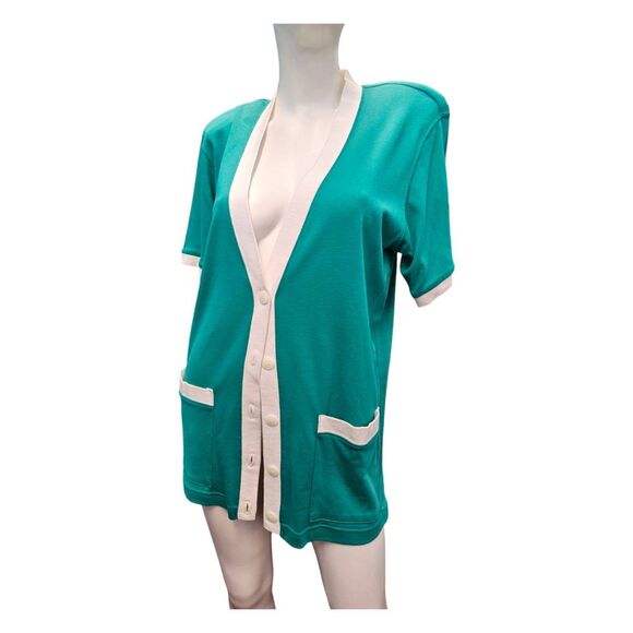 Cathy Daniel's Green Shoet Sleeve Cardigan Womens Size Small White Trin Long Swe - Picture 3 of 7